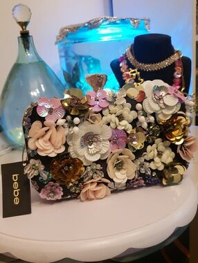 bebe Floral Appliqué Evening Clutch in Black with Pastel Accents